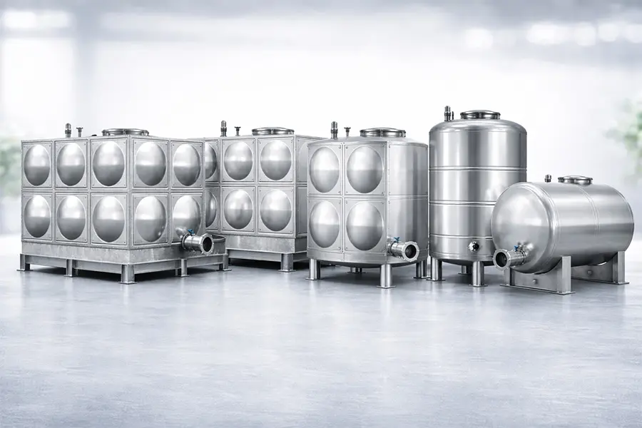 不同类型水箱对比展示，包括拼装水箱、焊接水箱、圆形水箱与卧式水箱