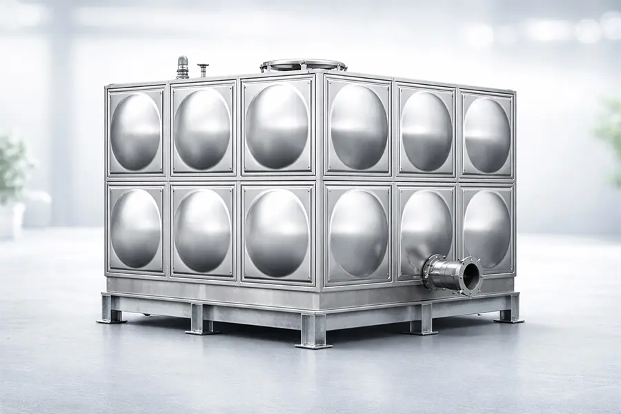 不锈钢水箱产品图，采用 SUS304 不锈钢材质，适用于建筑生活用水与消防储水系统