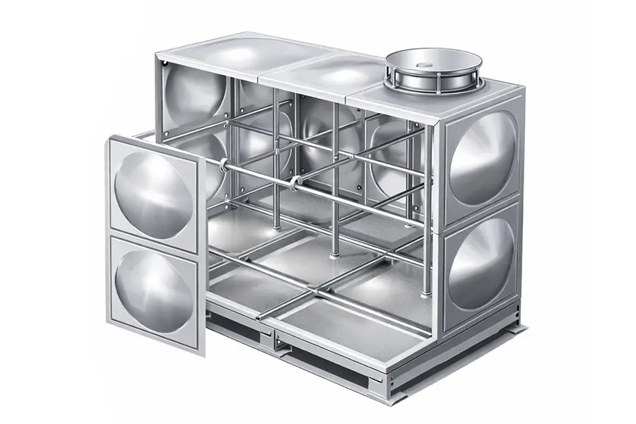 不锈钢水箱结构件展示，包括水箱板、底板、拉筋、立柱、人孔及槽钢底座，用于组合式水箱结构支撑