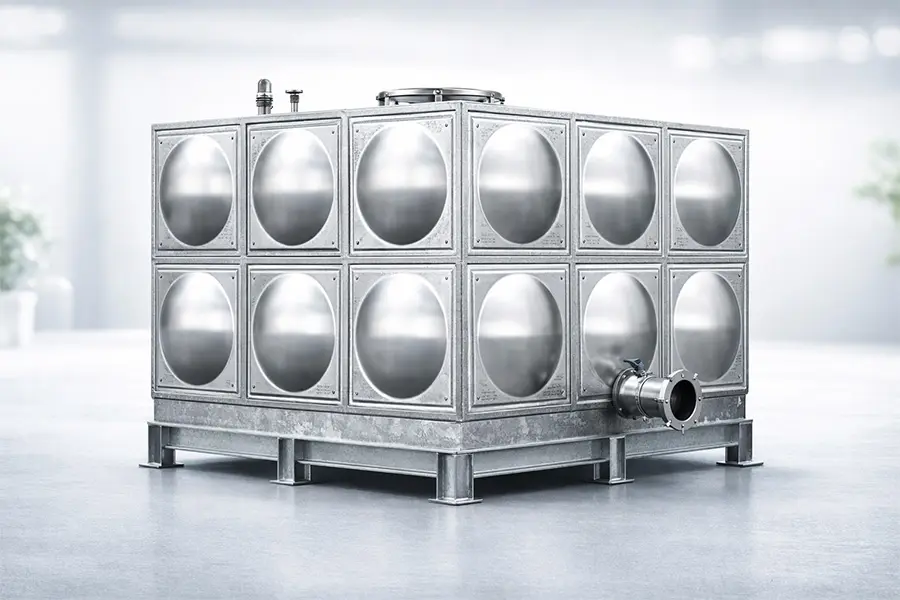 不锈钢镀锌复合水箱，内胆不锈钢、外框镀锌钢结构，兼顾卫生性与结构强度