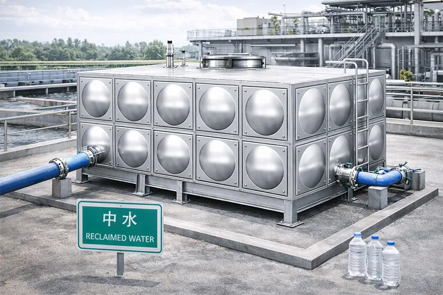 中水回用不锈钢水箱，用于处理后中水储存，实现水资源循环利用