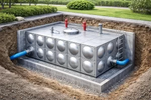 地埋式地下消防水箱安装于地面以下,适用于建筑消防应急储水系统,结构稳固,耐腐蚀