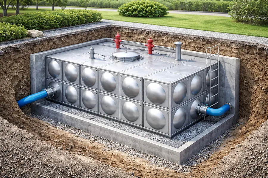 地埋式地下消防水箱安装于地面以下，适用于建筑消防应急储水系统，结构稳固，耐腐蚀