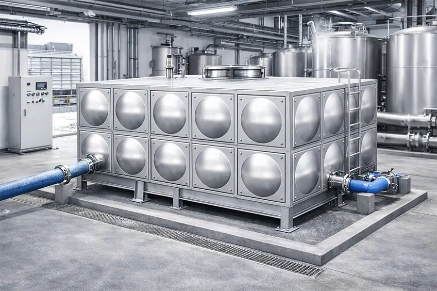 工业用不锈钢水箱，适用于冷却水及工艺用水储存，耐腐蚀、结构强度高