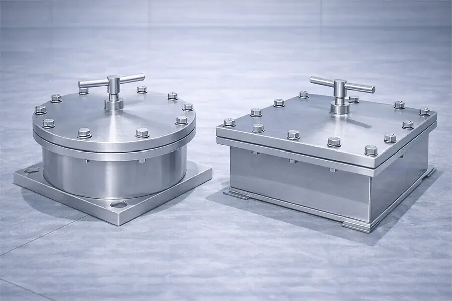 水箱人孔与检修配件实物图，展示圆形与方形不锈钢人孔盖，便于检修与清洗维护