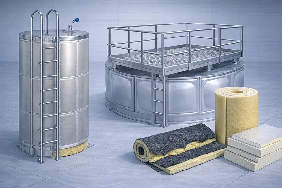 水箱外部配件产品图，包括水箱爬梯、防护栏及保温材料（PU、橡塑、岩棉、PEF）