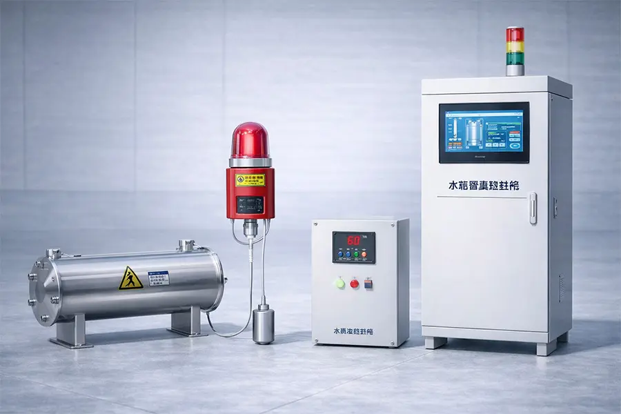 水箱水质与安全附件实物图，包含消毒装置、溢流报警器、液位报警系统及智能控制柜