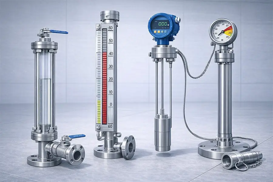 水箱液位计实物展示，包括玻璃管液位计、磁翻板液位计及差压式液位计