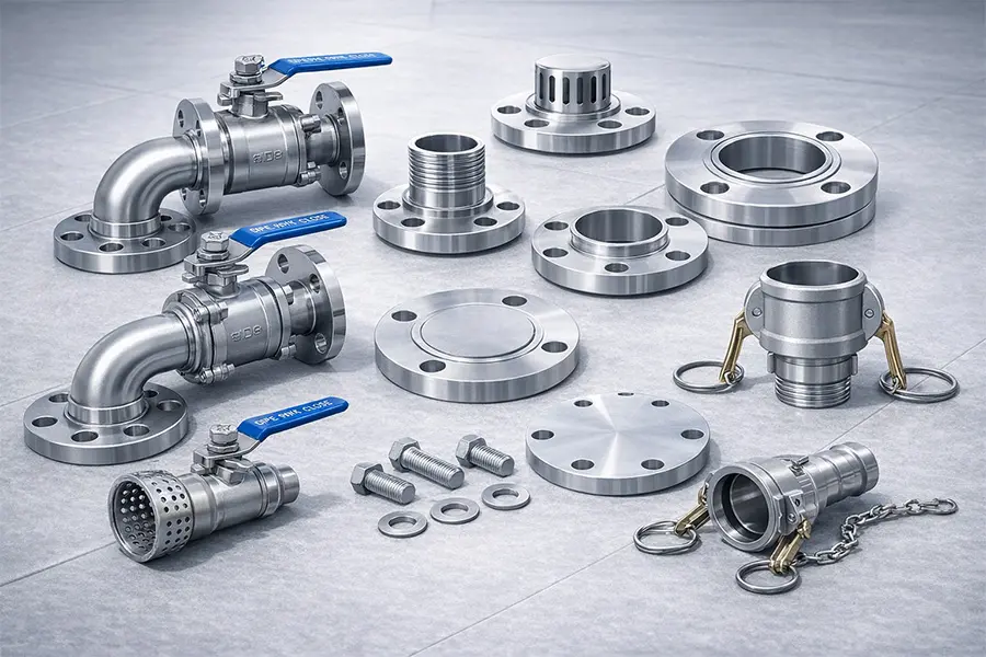 水箱进水口、出水口、溢流口及排污口管道配件展示，含法兰与快速接头