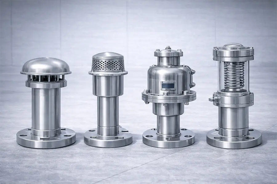 水箱通气与防护装置展示，包含通气帽、防虫防尘通气罩、呼吸阀及防负压装置