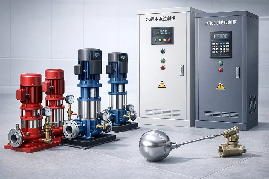 水箱泵阀系统产品图，包含消防泵、供水泵、增压泵、水泵控制柜及浮球阀