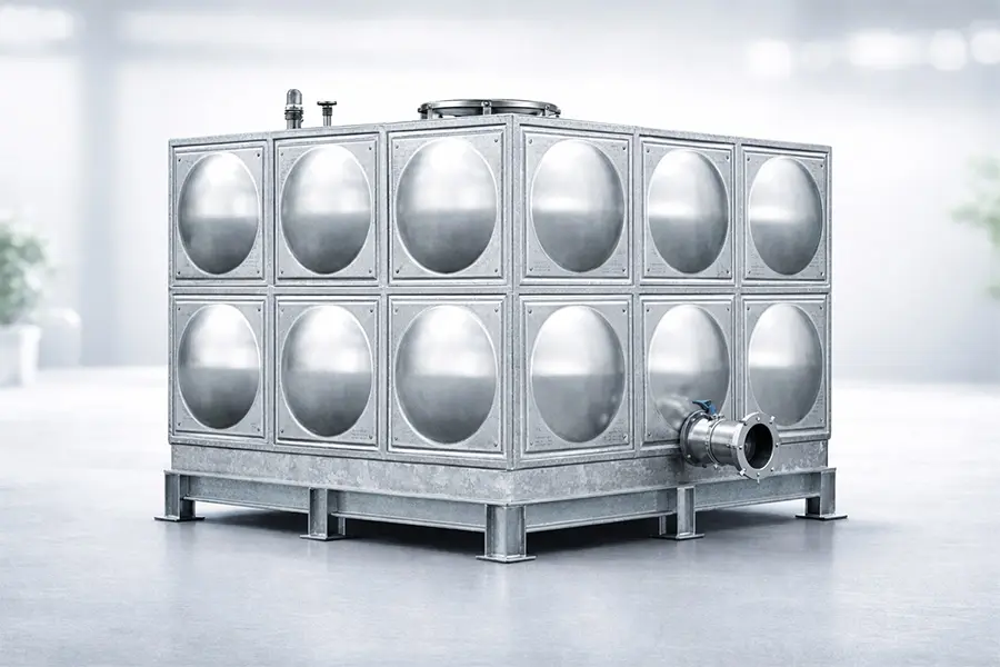 镀锌水箱产品实拍，采用热镀锌钢板拼装，适用于消防及工业储水工程