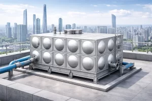 高层建筑屋顶不锈钢水箱,用于生活与消防二次供水,适合大型住宅与商业建筑