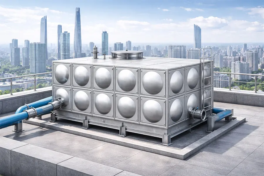 高层建筑屋顶不锈钢水箱，用于生活与消防二次供水，适合大型住宅与商业建筑
