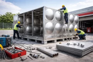 不锈钢拼装水箱现场安装施工过程，工人进行水箱板拼装与结构固定