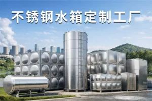 不锈钢水箱定制工厂产品展示,包含组合式水箱、圆形水箱、卧式水箱及工程定制储水系统
