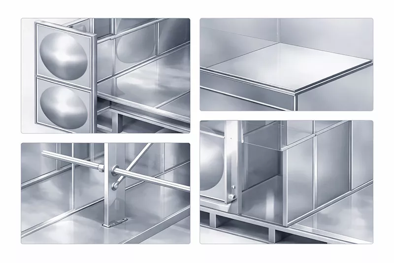 水箱核心结构件展示，包括模压水箱板、底板、拉筋、加强筋及立柱结构