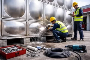 不锈钢水箱现场漏水检修作业，施工人员对拼装水箱接口进行排查与维修