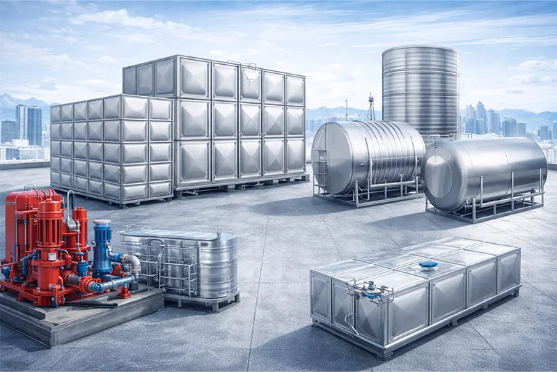 不同类型的不锈钢水箱应用展示，包括拼装式水箱、圆形水箱、卧式水箱及工业储水系统
