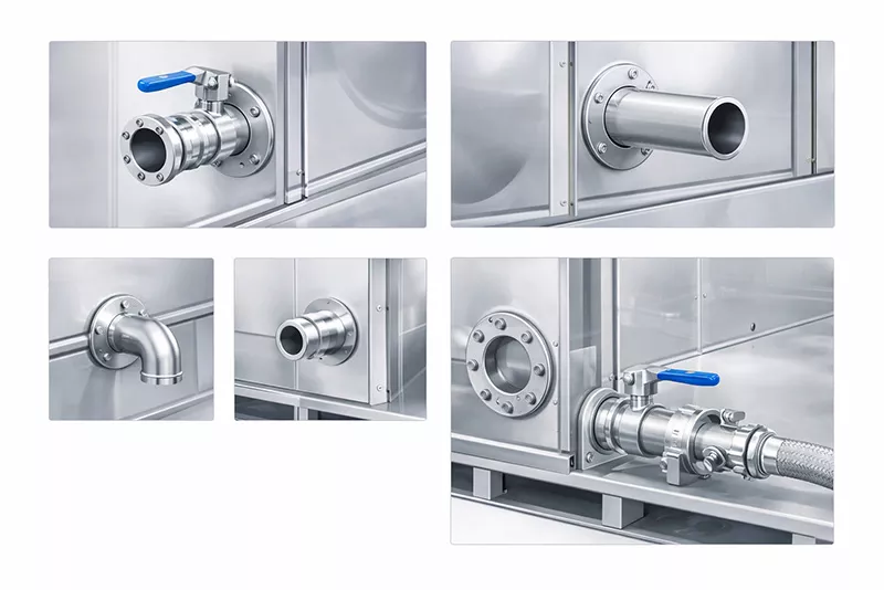 水箱常用管口与接口实物图，涵盖进水口、出水口、溢流口及法兰连接方式