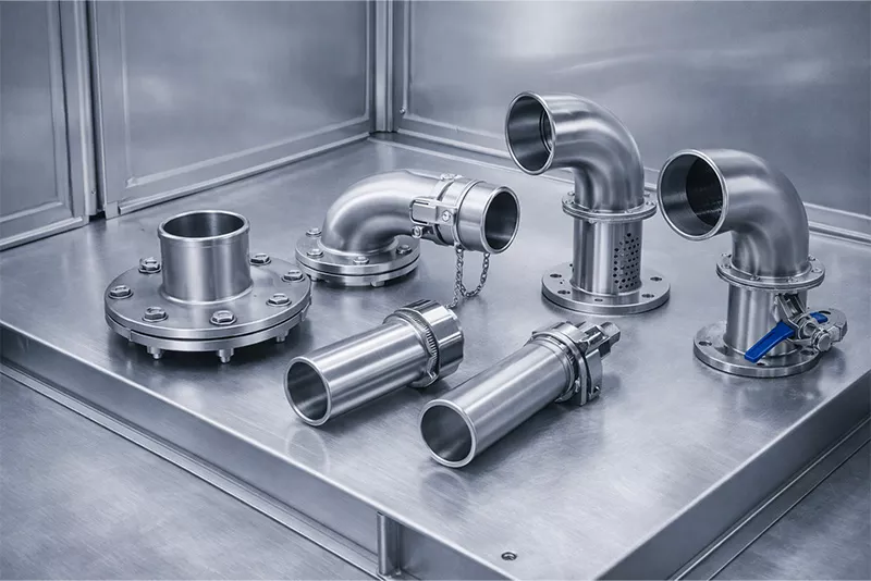 不锈钢水箱进出水与管口配件实物图，包含进水口、出水口、溢流口、排污口及法兰连接结构