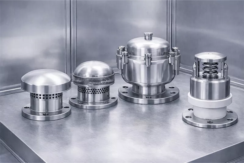 不锈钢水箱通气孔、防虫防尘通气罩、呼吸阀与防负压装置组合实物展示