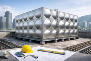 高层建筑屋顶安装的不锈钢水箱,采用模块化拼装结构,水箱底部设有钢结构支架,用于评估楼顶承重能力与水箱荷载安全性