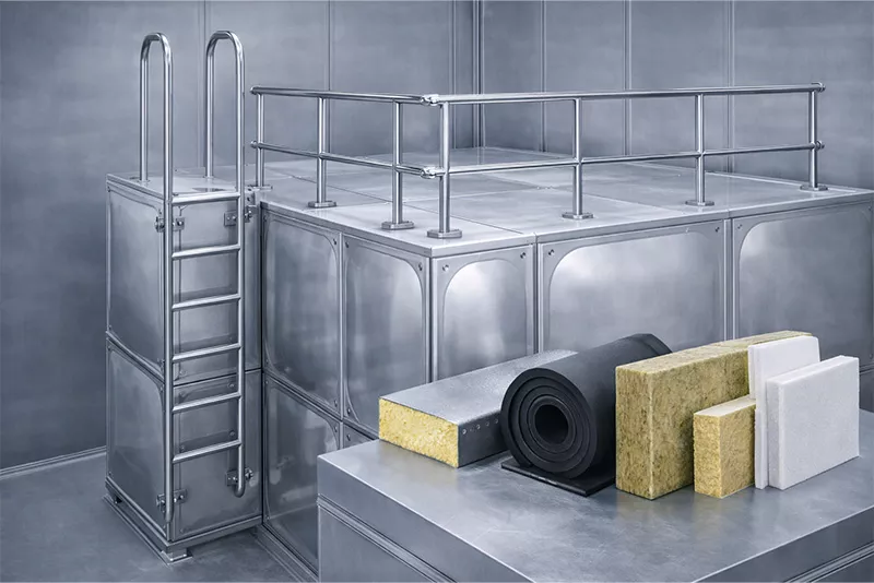 水箱外部附件实物展示，包含水箱爬梯、水箱护栏及多种保温材料系统