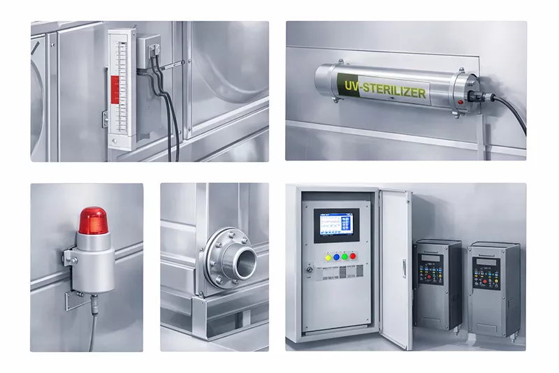 水箱附属系统展示，包括液位计、紫外线消毒装置、溢流报警器及控制柜