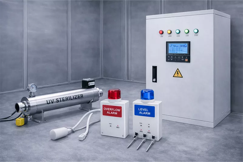 水箱水质与安全附件，包括紫外线消毒装置、溢流报警器、液位报警系统及智能控制柜，用于保障水箱水质安全与系统稳定运行