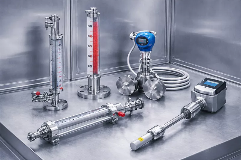 水箱液位计实物展示，包含玻璃管液位计、磁翻板液位计、差压式液位计及磁致伸缩液位计