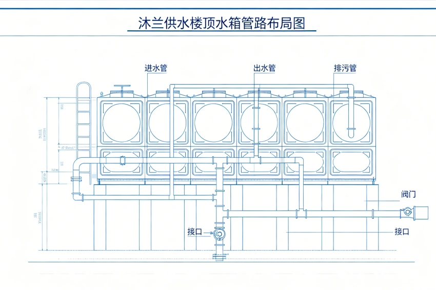 沐兰供水楼顶水箱进出水溢流排污管路布局展示