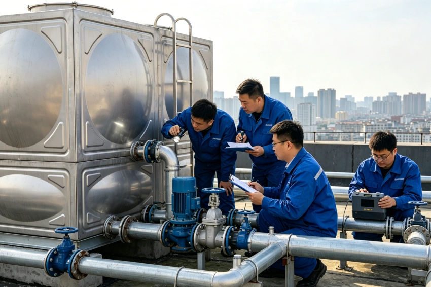 沐兰供水楼顶组合式不锈钢水箱日常运维巡检现场