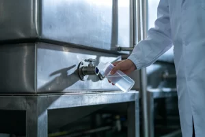工作人员背对镜头对方形不锈钢水箱出水口进行水质取样作业