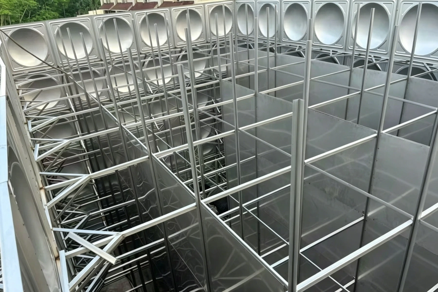 方形 304 不锈钢水箱内部拉筋立柱加固排布施工，合理结构设计避免过度用料浪费
