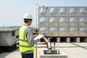 工程师背身上门勘测组合式 304 不锈钢水箱安装场地,测量空间尺寸、核验基础承重,为水箱定制方案采集现场数据