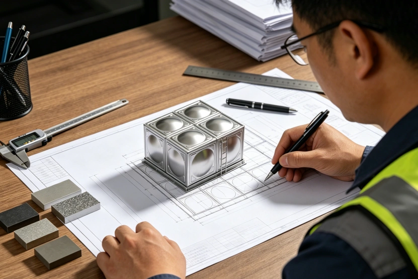 技术员侧身查看组合式不锈钢水箱定制 CAD 施工图纸，核对箱体尺寸、内部拉筋排布、管口定位等定制参数