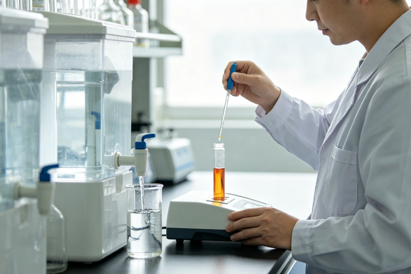 实验人员侧身对水箱出水做水质检测，排查锰、铬等重金属析出和水质超标风险，保障生活饮用水安全