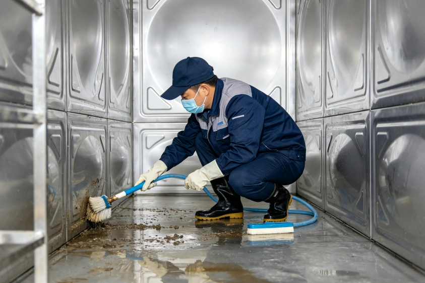 运维人员进入水箱内部刷洗内壁水垢淤泥并做消杀处理，清理水体附着物，保障储水水质卫生达标