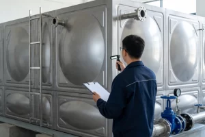 沐兰供水工程师背身对在用 304 不锈钢水箱做定期巡检，排查板面锈蚀、管路松动、配件老化等运维隐患