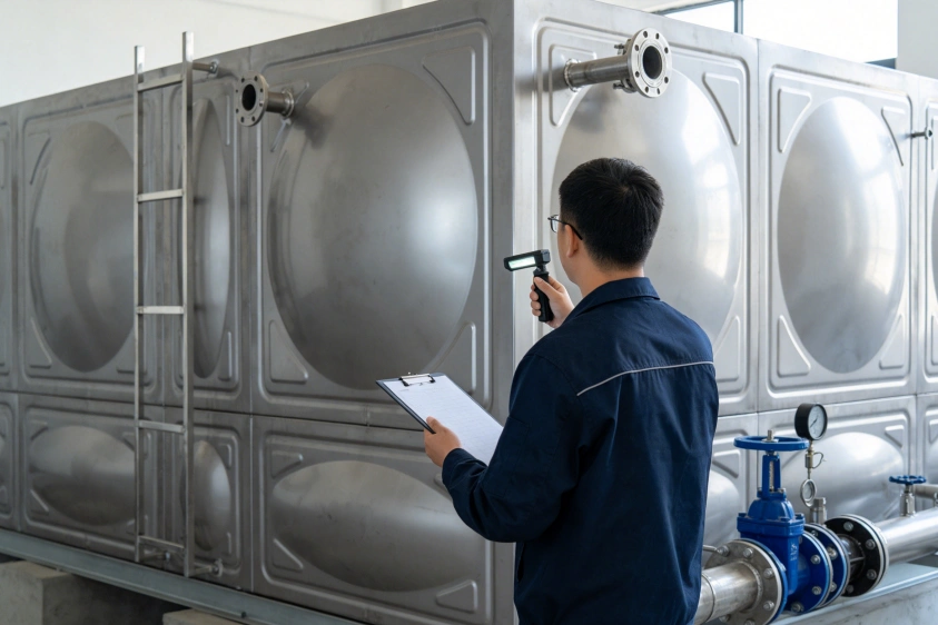 沐兰供水工程师背身对在用 304 不锈钢水箱做定期巡检，排查板面锈蚀、管路松动、配件老化等运维隐患